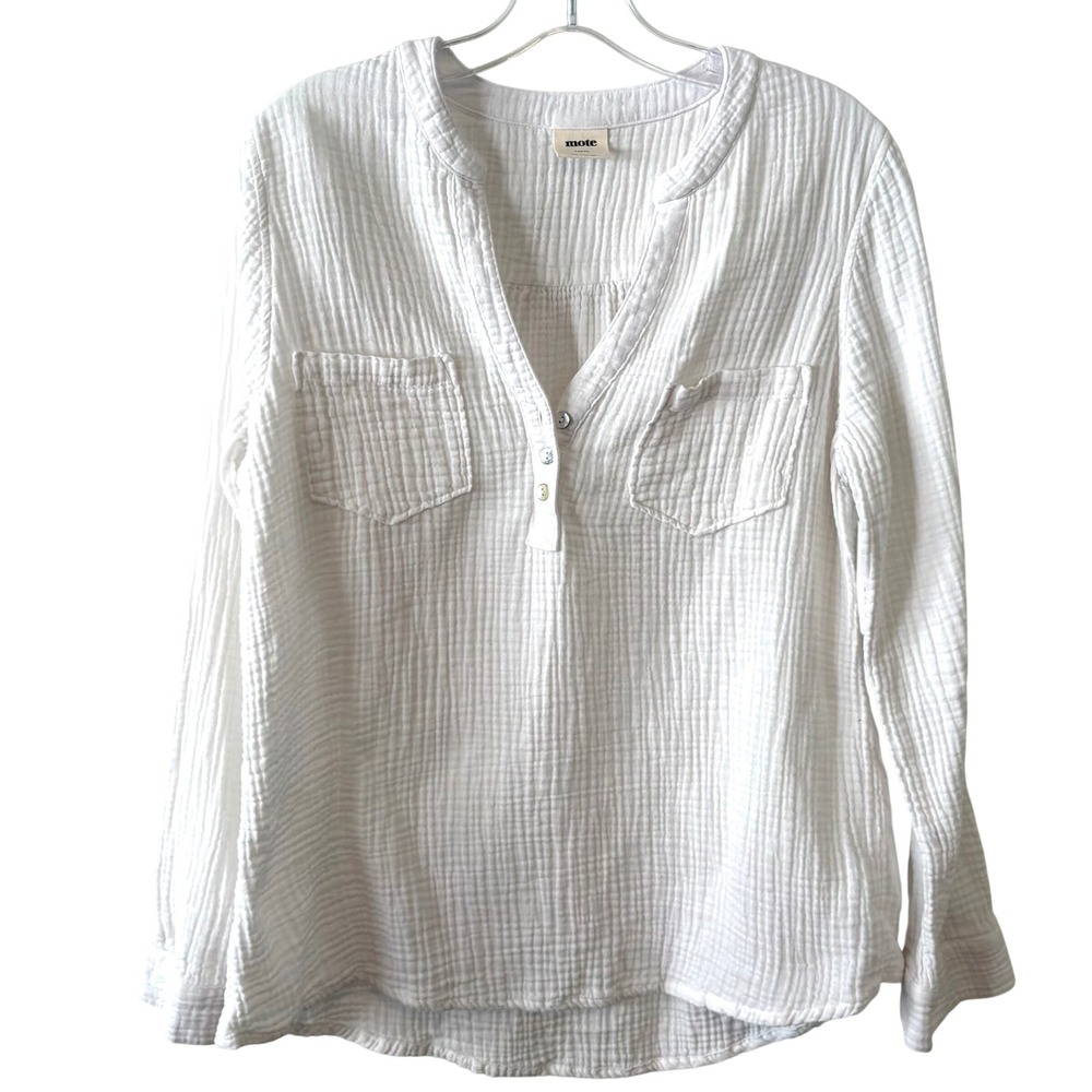 Mote White Cotton Gauzy Long Sleeved Popover Shirt in Size L